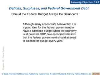 Deficits, Surpluses, and Federal Government Debt Although many economists believe that it is a good idea for the federal government to have a balanced budget when the economy is at potential GDP, few economists believe that the federal government should attempt to balance its budget every year. Learning  Objective  15.5 Should the Federal Budget Always Be Balanced? 