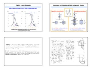 38
CMOS Logic Circuits
How can we design CMOS NOR symmetrical gate?
Only one PMOS and one NMOS are working.
Two PMOS and two NMOS are working.
For the NOR gate the effective width of the
drivers transistors doubles.
The effective aspect ratio is increased.
For the NAND gate the effective length of
the driver transistors doubles.
The effective aspect ratio is decreased.
Parallel combination Series combination
Concept of Effective Width to Length Ratios
 