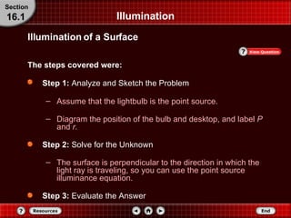 Illumination Step 1:  Analyze and Sketch the Problem   Assume that the lightbulb is the point source. Diagram the position of the bulb and desktop, and label  P  and  r . Step 2:  Solve for the Unknown The surface is perpendicular to the direction in which the light ray is traveling, so you can use the point source illuminance equation. Step 3:  Evaluate the Answer The steps covered were: Section 16.1 Illumination of a Surface 