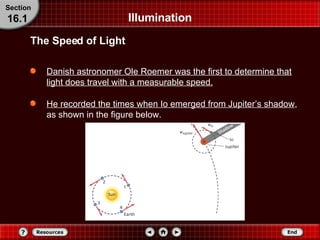 Illumination Danish astronomer Ole Roemer was the first to determine that light does travel with a measurable speed. He recorded the times when Io emerged from Jupiter’s shadow , as shown in the figure below. The Speed of Light Section 16.1 