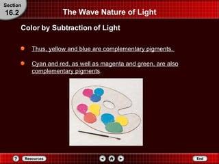 Thus, yellow and blue are complementary pigments.  Cyan and red, as well as magenta and green, are also complementary pigments . The Wave Nature of Light Color by Subtraction of Light Section 16.2 