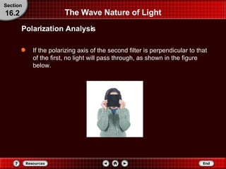 If the polarizing axis of the second filter is perpendicular to that of the first, no light will pass through, as shown in the figure below. The Wave Nature of Light Section 16.2 Polarization Analysis 