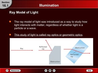 Illumination The ray model of light was introduced as a way to study how light interacts with matter, regardless of whether light is a particle or a wave.  This study of light is called ray optics or geometric optics . Ray Model of Light Section 16.1 