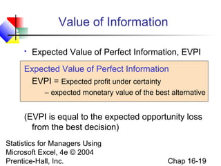 Statistics for Managers Using
Microsoft Excel, 4e © 2004
Prentice-Hall, Inc. Chap 16-19
Value of Information
 Expected Value of Perfect Information, EVPI
Expected Value of Perfect Information
EVPI = Expected profit under certainty
– expected monetary value of the best alternative
(EVPI is equal to the expected opportunity loss
from the best decision)
 