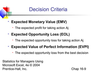 Statistics for Managers Using
Microsoft Excel, 4e © 2004
Prentice-Hall, Inc. Chap 16-9
Decision Criteria
 Expected Monetary Value (EMV)
 The expected profit for taking action Aj
 Expected Opportunity Loss (EOL)
 The expected opportunity loss for taking action Aj
 Expected Value of Perfect Information (EVPI)
 The expected opportunity loss from the best decision
 