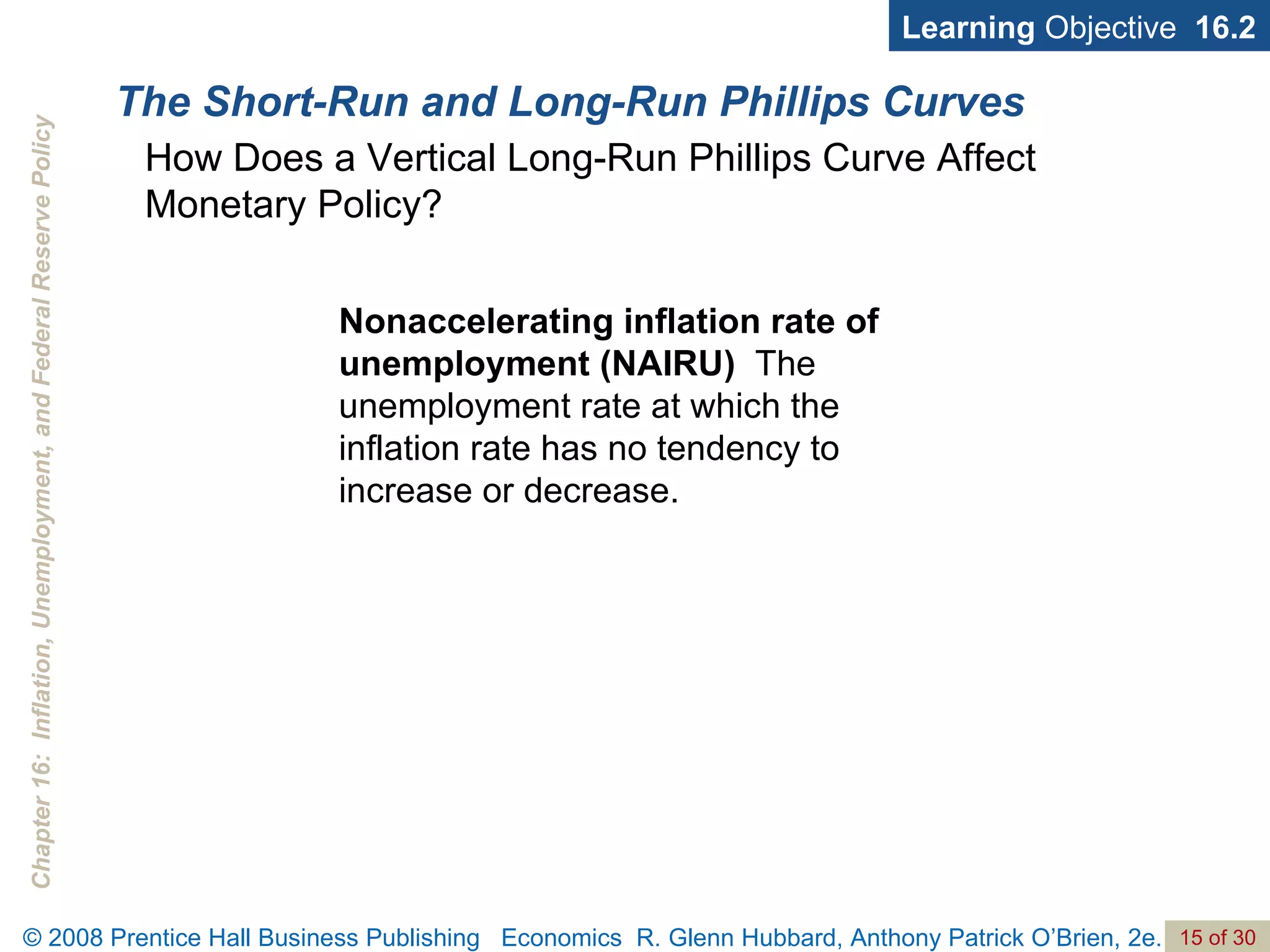 The Short-Run and Long-Run Phillips Curves Nonaccelerating inflation rate of unemployment (NAIRU)   The unemployment rate at which the inflation rate has no tendency to increase or decrease. Learning  Objective  16.2 How Does a Vertical Long-Run Phillips Curve Affect Monetary Policy? 