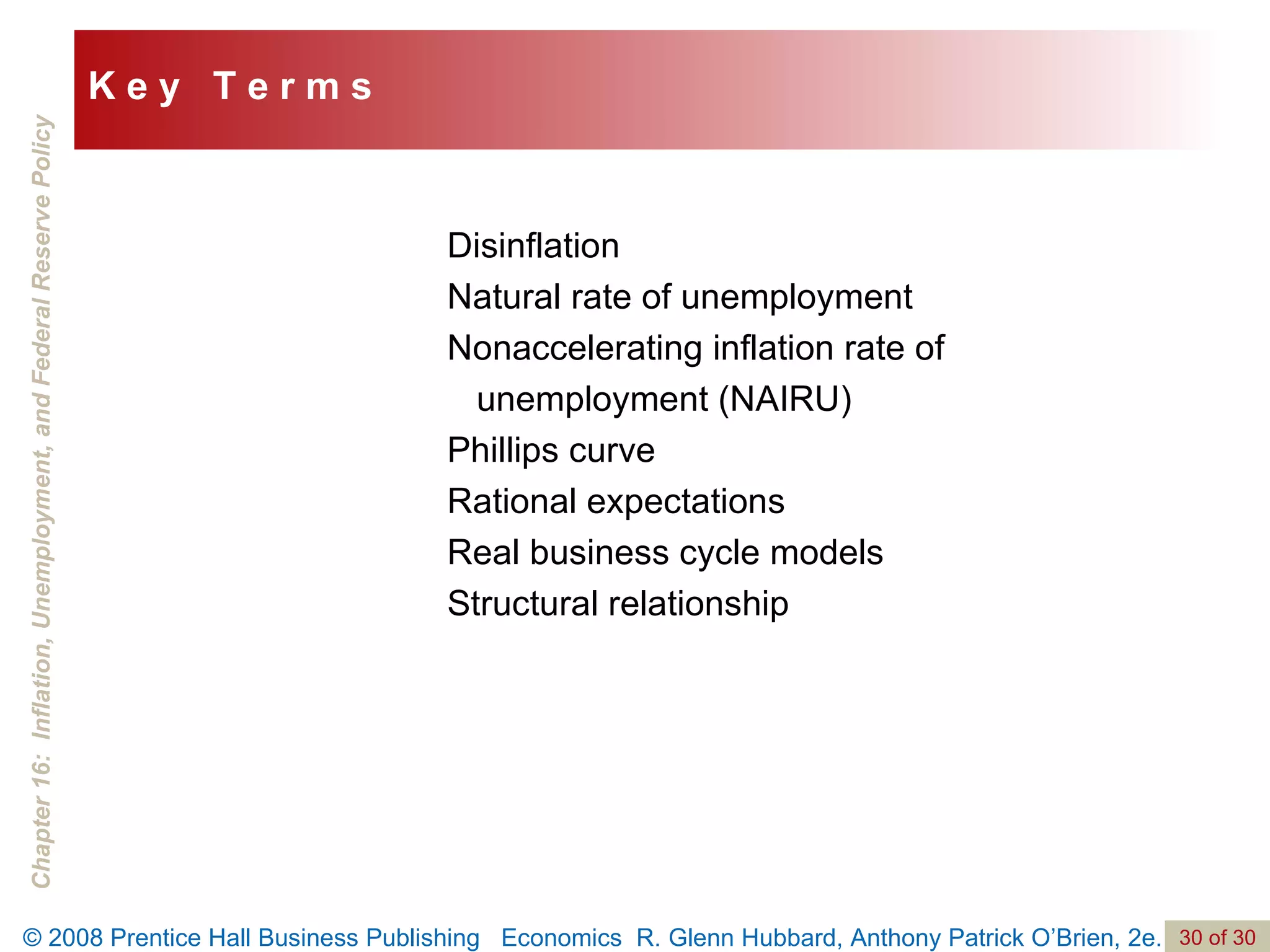 Disinflation Natural rate of unemployment  Nonaccelerating inflation rate of unemployment (NAIRU)  Phillips curve Rational expectations Real business cycle models Structural relationship K e y  T e r m s 