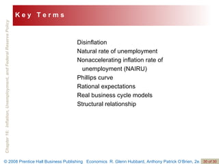 Disinflation Natural rate of unemployment  Nonaccelerating inflation rate of unemployment (NAIRU)  Phillips curve Rational expectations Real business cycle models Structural relationship K e y  T e r m s 