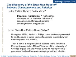 The Discovery of the Short-Run Trade-off between Unemployment and Inflation Structural relationship   A relationship  that depends on the basic behavior of consumers and firms and remains unchanged over long periods. Learning  Objective  16.1 Is the Phillips Curve a Policy Menu? Is the Short-Run Phillips Curve Stable? During the 1960s, the basic Phillips curve relationship seemed to hold because a stable trade-off appeared to exist between unemployment and inflation. Then in 1968, in his presidential address to the American Economic Association, Milton Friedman of the University of Chicago argued that the Phillips curve did  not  represent a  permanent  trade-off between unemployment and inflation.  
