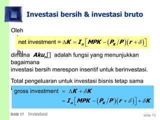 slide 13BAB 17 Investasi
Investasi bersih & investasi bruto
Oleh
kare
na
itu,
  net investment = n KK I MPK P P r      
dimana Akun[] adalah fungsi yang menunjukkan
bagaimana
investasi bersih merespon insentif untuk berinvestasi.
Total pengeluaran untuk investasi bisnis tetap sama
investasi bersih ditambah penggantian disusutkan K:
  
gross investment
n K
K K
I MPK P P r K

 
  
     
 