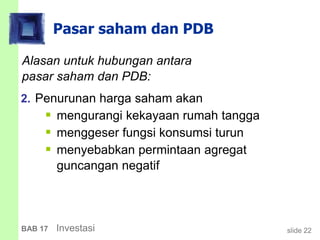 slide 22BAB 17 Investasi
Pasar saham dan PDB
Alasan untuk hubungan antara
pasar saham dan PDB:
2. Penurunan harga saham akan
 mengurangi kekayaan rumah tangga
 menggeser fungsi konsumsi turun
 menyebabkan permintaan agregat
guncangan negatif
 