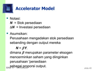 slide 40BAB 17 Investasi
Accelerator Model
 Notasi:
N = Stok persediaan
N = Investasi persediaan
 Asumsikan:
Perusahaan mengadakan stok persediaan
sebanding dengan output mereka
N = Y.
dimana  merupakan parameter eksogen
mencerminkan saham yang diinginkan
perusahaan 'persediaan
sebagai proporsi output.
 