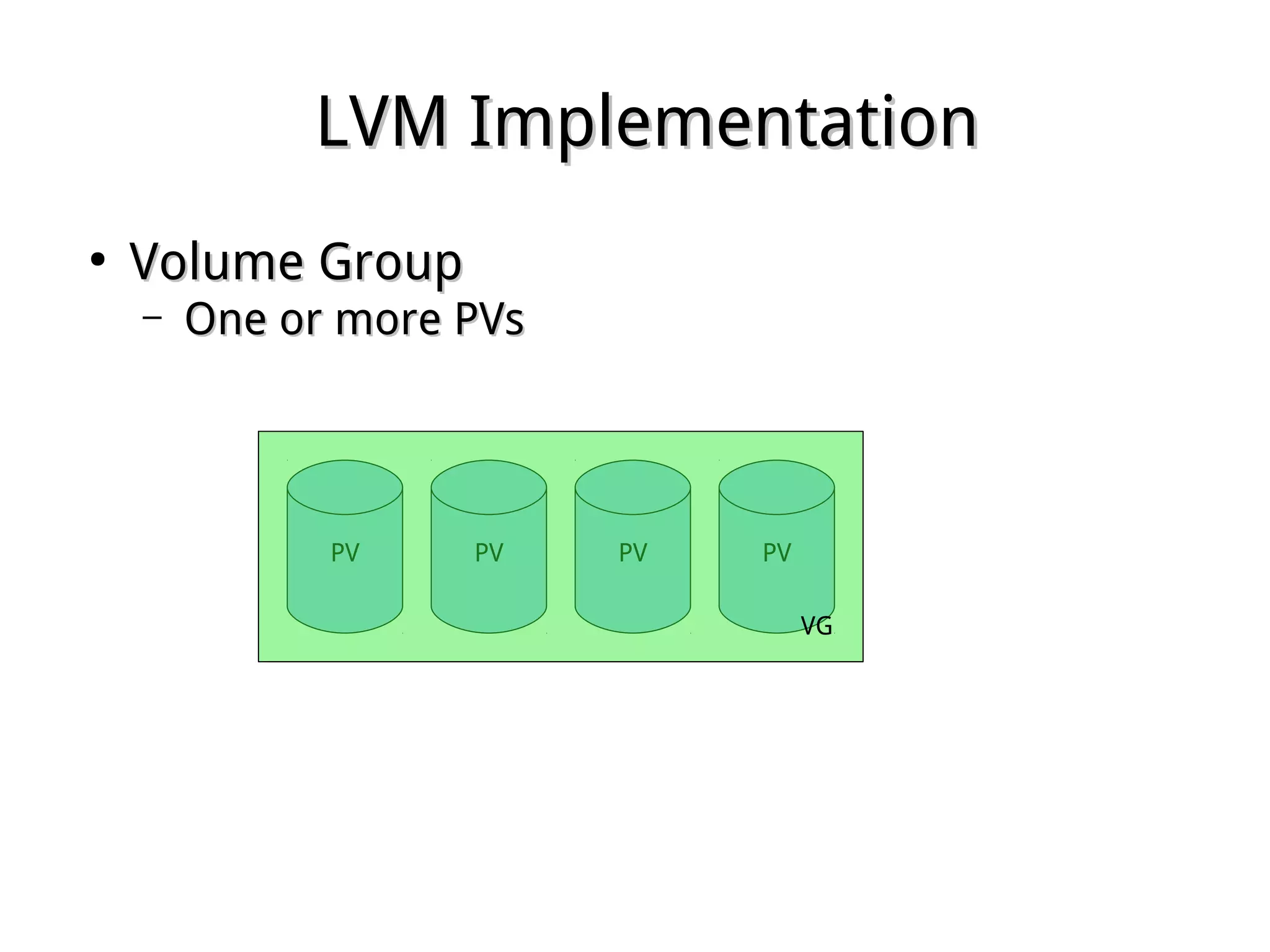 LVM ImplementationLVM Implementation
●
Volume GroupVolume Group
– One or more PVsOne or more PVs
PV PVPVPV
VG
 