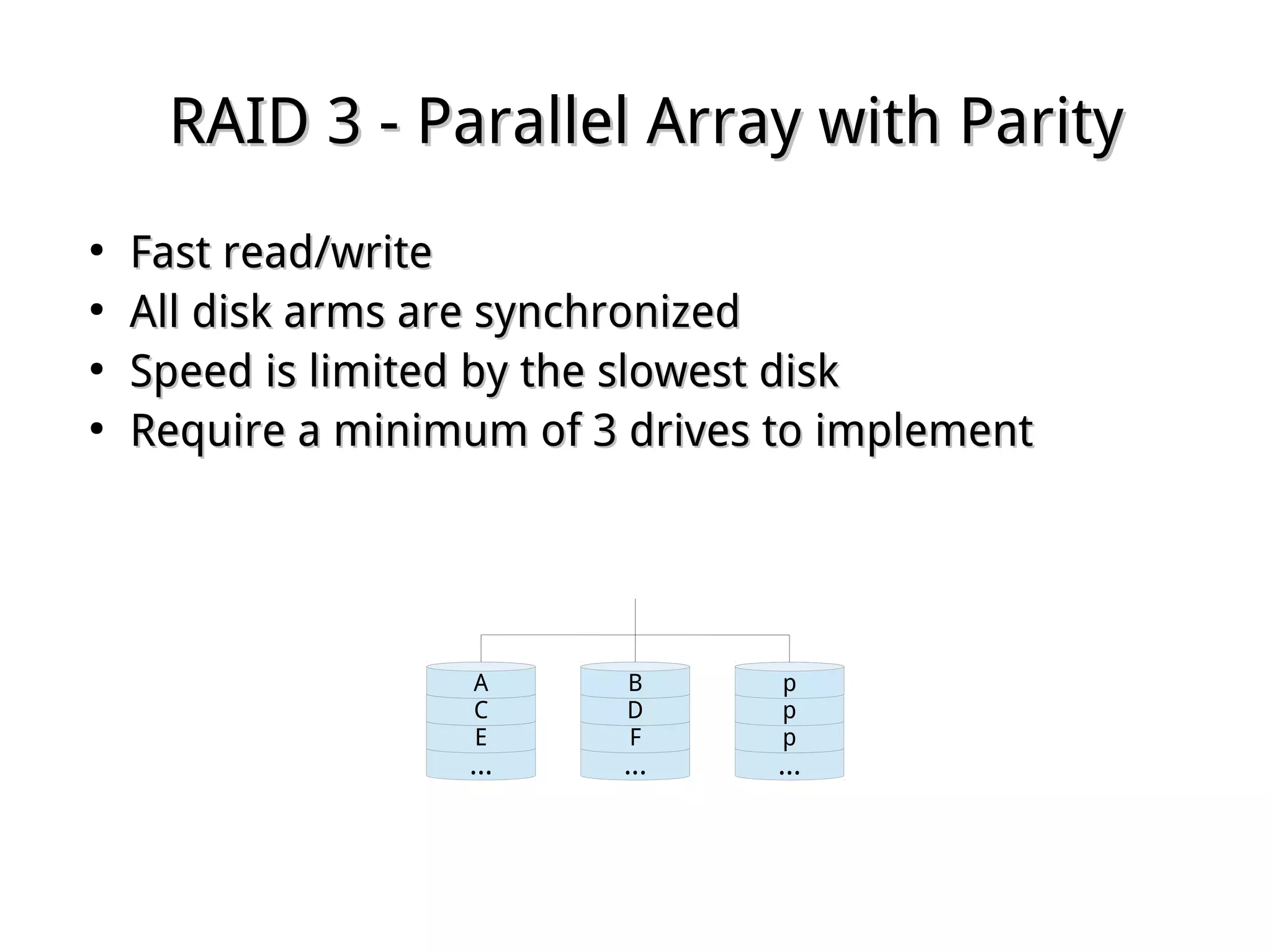 RAID 3 - Parallel Array with ParityRAID 3 - Parallel Array with Parity
●
Fast read/writeFast read/write
●
All disk arms are synchronizedAll disk arms are synchronized
●
Speed is limited by the slowest diskSpeed is limited by the slowest disk
●
Require a minimum of 3 drives to implementRequire a minimum of 3 drives to implement
...
E
C
A
...
F
D
B
...
p
p
p
 