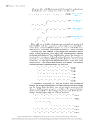 18-carbon fatty acids: Linolenic acid, with three carbon–carbon double
bonds, has the lowest melting point of these four fatty acids.
COOH Stearic acid (18:0)
(mp 708C)
COOH Oleic acid (18:1)
(mp 168C)
COOH Linoleic acid (18:2)
(mp –58C)
COOH Linolenic acid (18:3)
(mp –118C)
Fatty acids can be divided into two groups: saturated and unsaturated.
Saturated fatty acids have only carbon–carbon single bonds in their hydro-
carbon chains. Unsaturated fatty acids have one or more CwC double bonds
in the chain.All unsaturated fatty acids listed in Table 17.3 are the cis isomer.
Saturated fatty acids are solids at room temperature, because the regular
nature of their hydrocarbon chains allows their molecules to pack together
in close parallel alignment. When packed in this manner, the attractive in-
teractions between adjacent hydrocarbon chains (London dispersion forces,
Section 5.7A) are maximized. Although London dispersion forces are weak
interactions, the regular packing of hydrocarbon chains allows these forces
to operate over a large portion of their chains, ensuring that a considerable
amount of energy is needed to separate and melt them.
COOH
COOH
COOH
COOH
COOH
All common cis unsaturated fatty acids are liquids at room temperature
because the cis double bonds interrupt the regular packing of the chains
and the London dispersion forces only act over shorter segments of the
chains, so that less energy is required to melt them. The greater the degree
of unsaturation, the lower the melting point, because each double bond in-
terrupts the regular packing of the fatty acid molecules.
COOH
COOH
COOH
COOH
COOH
482 | Chapter 17 Carboxylic Acids
Copyright 2020 Cengage Learning. All Rights Reserved. May not be copied, scanned, or duplicated, in whole or in part. Due to electronic rights, some third party content may be suppressed from the eBook and/or eChapter(s).
Editorial review has deemed that any suppressed content does not materially affect the overall learning experience. Cengage Learning reserves the right to remove additional content at any time if subsequent rights restrictions require it.
Copyright 2020 Cengage Learning. All Rights Reserved. May not be copied, scanned, or duplicated, in whole or in part. WCN 02-200-202
 