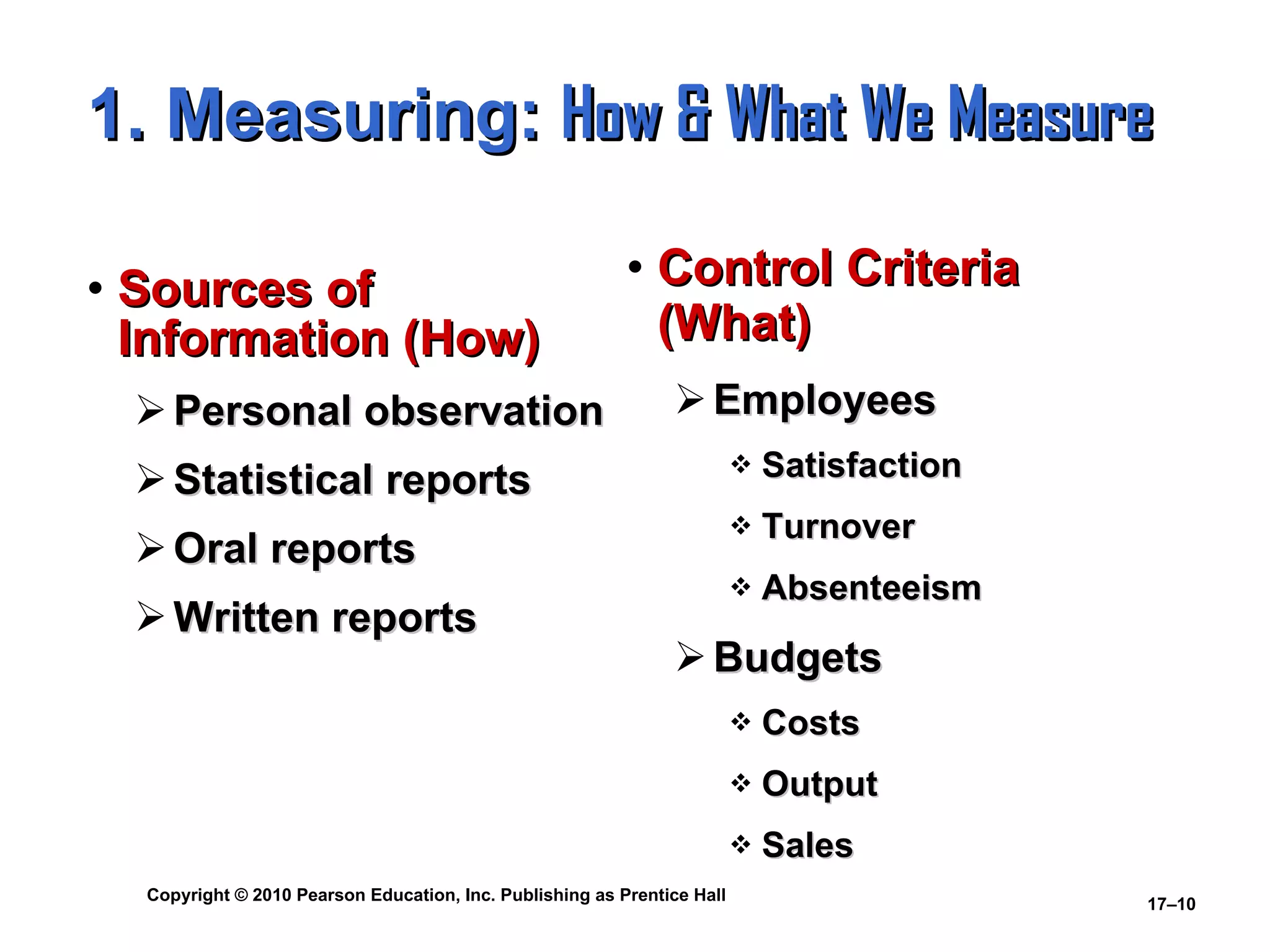 1. Measuring:  How & What We Measure Sources of Information (How) Personal observation Statistical reports Oral reports Written reports Control Criteria (What) Employees Satisfaction Turnover Absenteeism Budgets Costs Output Sales 