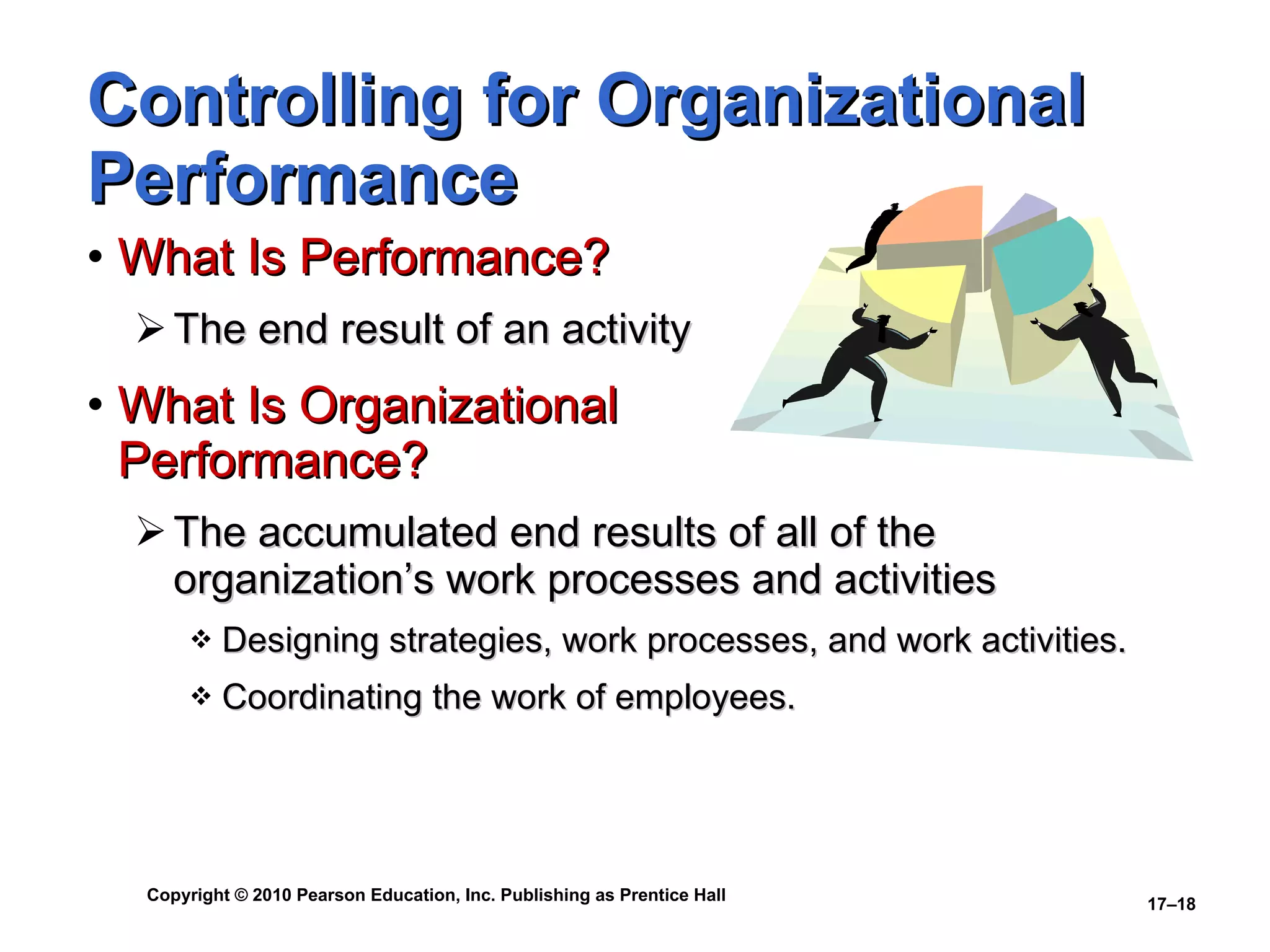 Controlling for Organizational Performance What Is Performance? The end result of an activity What Is Organizational  Performance? The accumulated end results of all of the organization’s work processes and activities Designing strategies, work processes, and work activities. Coordinating the work of employees. 