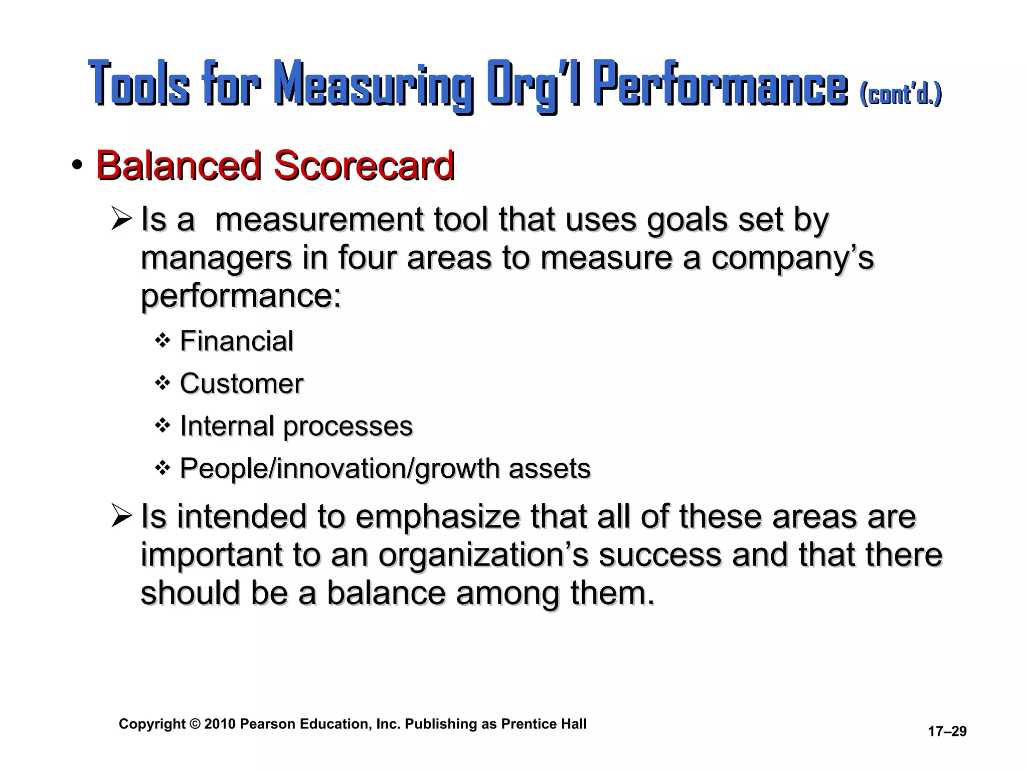 Tools for Measuring Org’l Performance  (cont’d.) Balanced Scorecard Is a  measurement tool that uses goals set by managers in four areas to measure a company’s performance: Financial Customer Internal processes People/innovation/growth assets Is intended to emphasize that all of these areas are important to an organization’s success and that there should be a balance among them. 