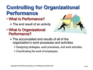Controlling for Organizational Performance What Is Performance? The end result of an activity What Is Organizational  Performance? The accumulated end results of all of the organization’s work processes and activities Designing strategies, work processes, and work activities. Coordinating the work of employees. 