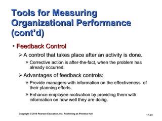 Tools for Measuring Organizational Performance (cont’d) Feedback Control A control that takes place after an activity is done. Corrective action is after-the-fact, when the problem has already occurred. Advantages of feedback controls: Provide managers with information on the effectiveness  of their planning efforts. Enhance employee motivation by providing them with information on how well they are doing. 