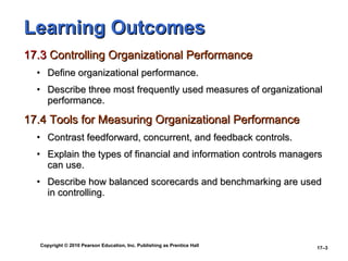 Learning Outcomes 17.3  Controlling Organizational Performance Define organizational performance. Describe three most frequently used measures of organizational performance. 17.4 Tools for Measuring Organizational Performance Contrast feedforward, concurrent, and feedback controls. Explain the types of financial and information controls managers can use. Describe how balanced scorecards and benchmarking are used in controlling. 