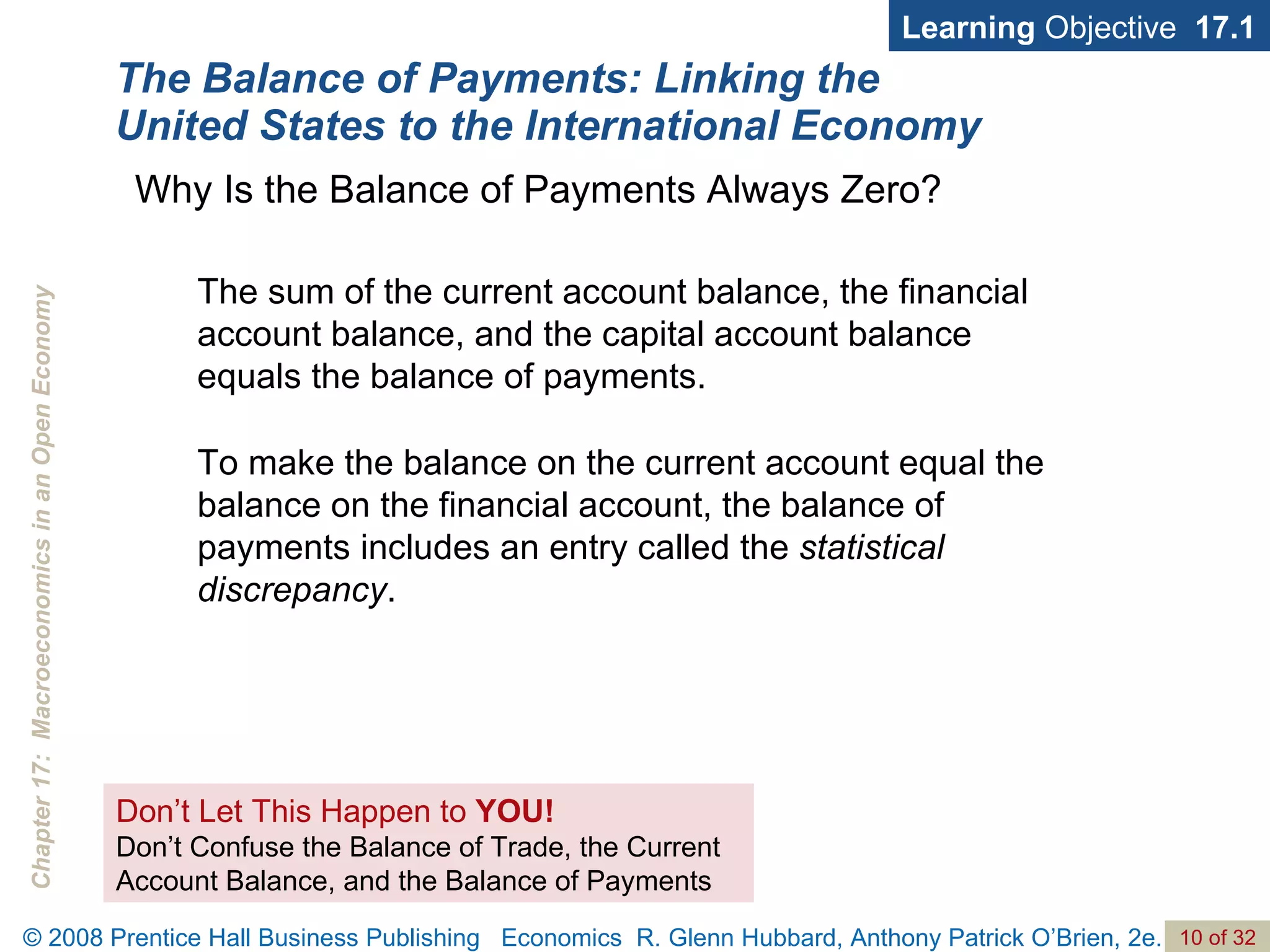 The Balance of Payments: Linking the United States to the International Economy Learning  Objective  17.1 Why Is the Balance of Payments Always Zero? Don’t Let This Happen to  YOU! Don’t Confuse the Balance of Trade, the Current Account Balance, and the Balance of Payments The sum of the current account balance, the financial account balance, and the capital account balance equals the balance of payments. To make the balance on the current account equal the balance on the financial account, the balance of payments includes an entry called the  statistical  discrepancy . 