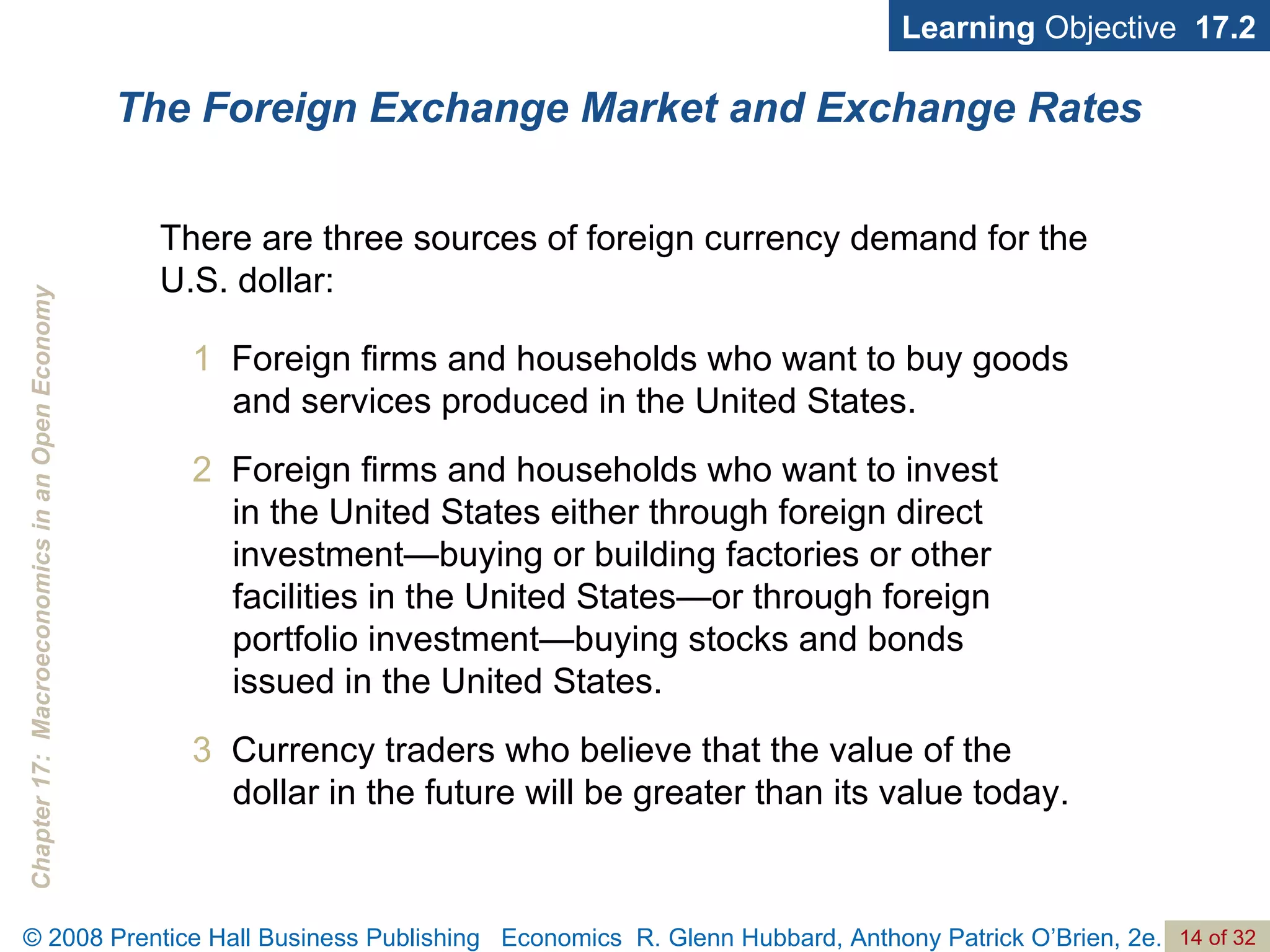 The Foreign Exchange Market and Exchange Rates Learning  Objective  17.2 1   Foreign firms and households who want to buy goods and services produced in the United States. 2   Foreign firms and households who want to invest  in the United States either through foreign direct investment—buying or building factories or other facilities in the United States—or through foreign portfolio investment—buying stocks and bonds  issued in the United States. 3   Currency traders who believe that the value of the dollar in the future will be greater than its value today. There are three sources of foreign currency demand for the U.S. dollar: 