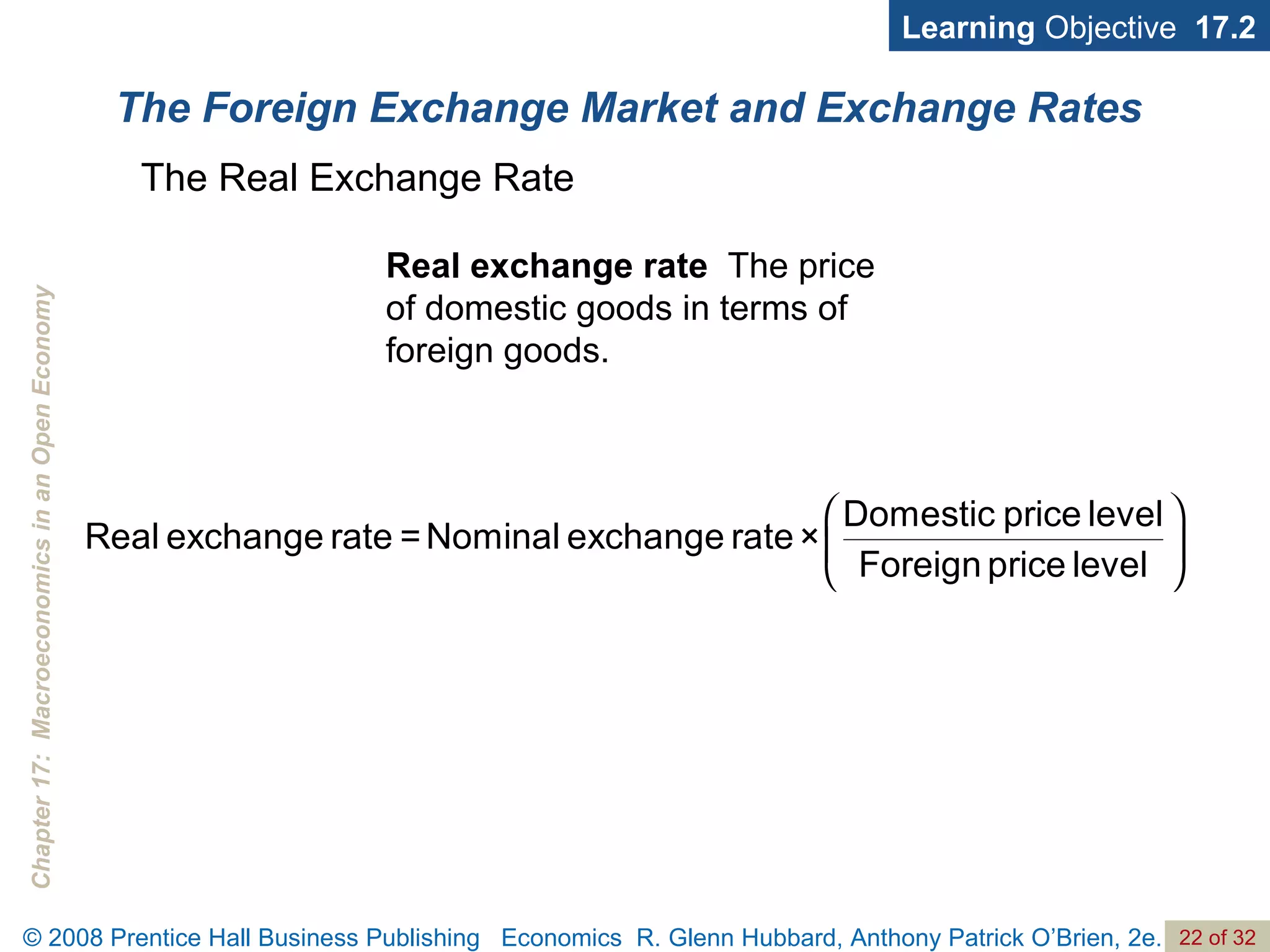 The Foreign Exchange Market and Exchange Rates Learning  Objective  17.2 The Real Exchange Rate Real exchange rate   The price of domestic goods in terms of foreign goods. 