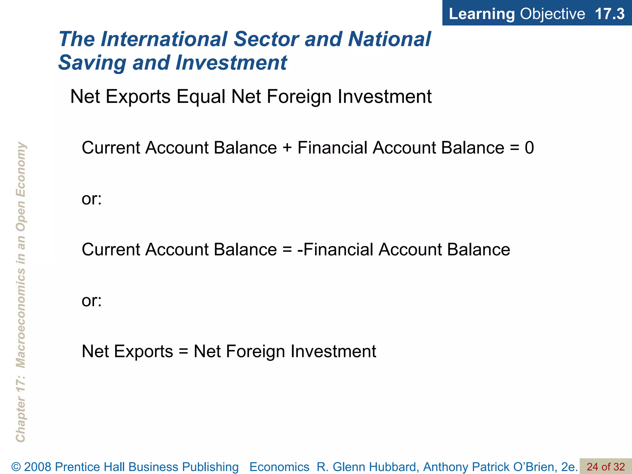 The International Sector and National Saving and Investment Learning  Objective  17.3 Net Exports Equal Net Foreign Investment Current Account Balance + Financial Account Balance = 0 or: Current Account Balance = -Financial Account Balance or: Net Exports = Net Foreign Investment 