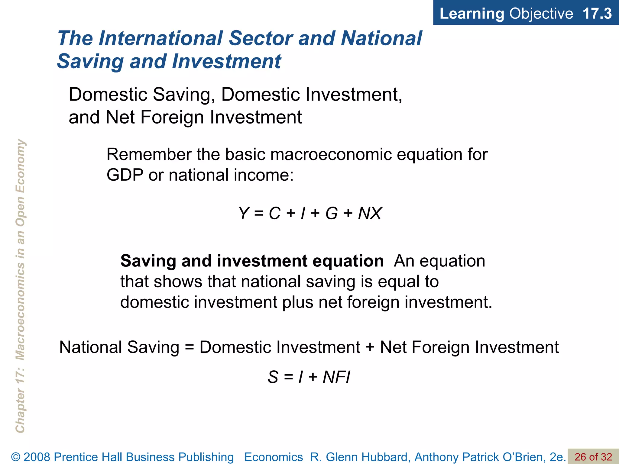 The International Sector and National Saving and Investment Learning  Objective  17.3 Domestic Saving, Domestic Investment,  and Net Foreign Investment Saving and investment equation  An equation that shows that national saving is equal to domestic investment plus net foreign investment. Remember the basic macroeconomic equation for GDP or national income: Y = C + I + G + NX National Saving = Domestic Investment + Net Foreign Investment S = I + NFI 