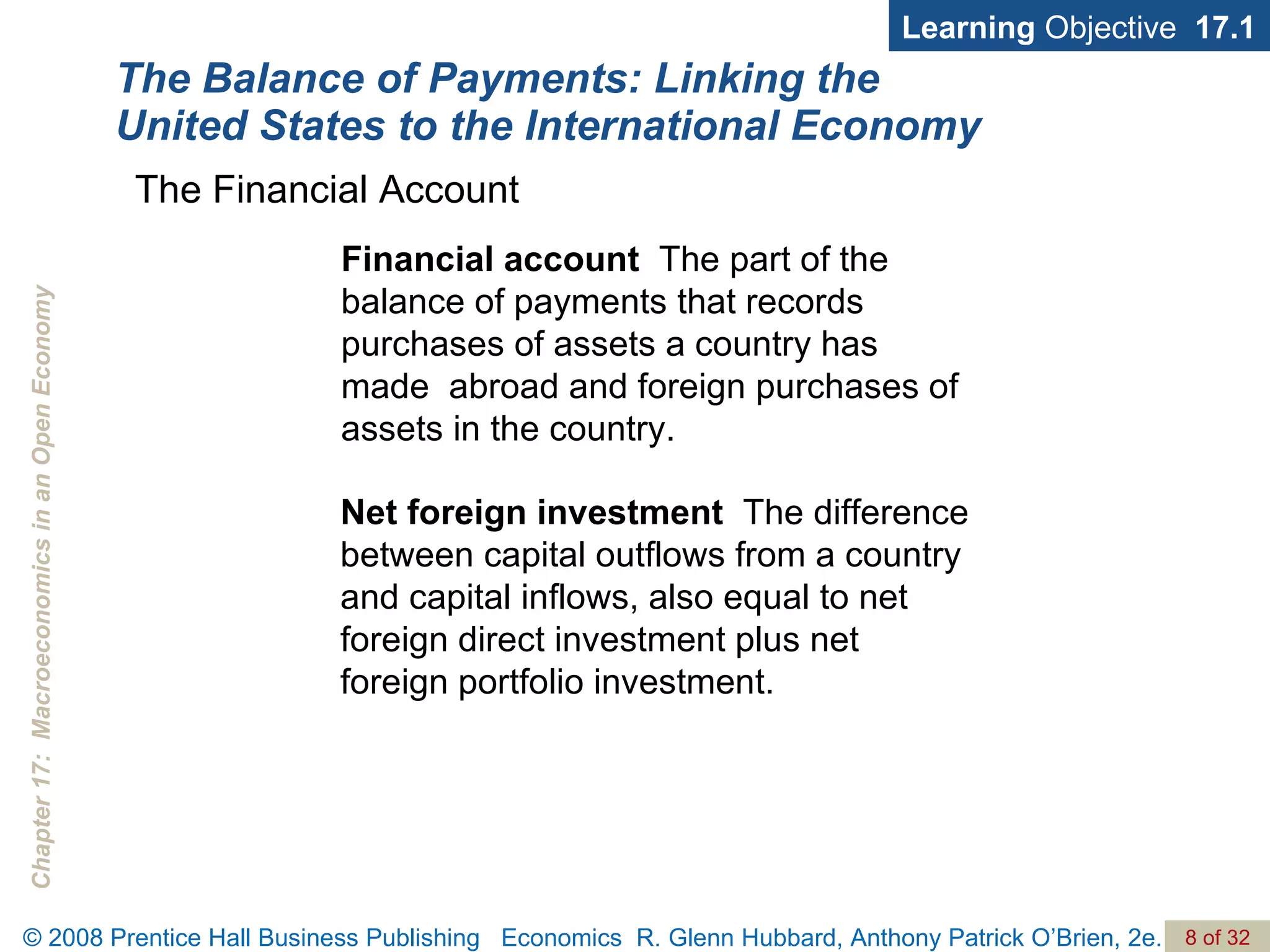 The Balance of Payments: Linking the United States to the International Economy Learning  Objective  17.1 The Financial Account Financial account   The part of the balance of payments that records purchases of assets a country has made  abroad and foreign purchases of assets in the country. Net foreign investment   The difference between capital outflows from a country and capital inflows, also equal to net foreign direct investment plus net foreign portfolio investment. 