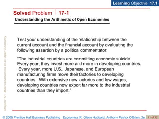 Understanding the Arithmetic of Open Economies Learning  Objective  17.1 Test your understanding of the relationship between the current account and the financial account by evaluating the following assertion by a political commentator:  “ The industrial countries are committing economic suicide.  Every year, they invest more and more in developing countries.  Every year, more U.S., Japanese, and European manufacturing firms move their factories to developing countries.  With extensive new factories and low wages, developing countries now export far more to the industrial countries than they import.” Solved  Problem 17-1 