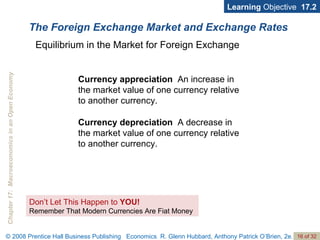 The Foreign Exchange Market and Exchange Rates Learning  Objective  17.2 Currency appreciation   An increase in the market value of one currency relative to another currency. Currency depreciation   A decrease in the market value of one currency relative to another currency. Equilibrium in the Market for Foreign Exchange Don’t Let This Happen to  YOU! Remember That Modern Currencies Are Fiat Money 