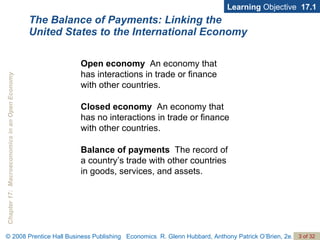 The Balance of Payments: Linking the United States to the International Economy Learning  Objective  17.1 Open economy   An economy that  has interactions in trade or finance  with other countries. Closed economy   An economy that has no interactions in trade or finance with other countries. Balance of payments   The record of  a country’s trade with other countries  in goods, services, and assets. 