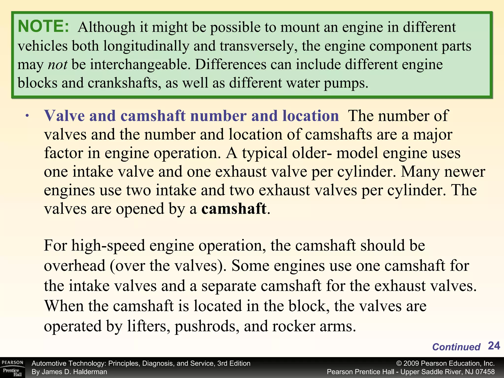 Valve and camshaft number and location   The number of valves and the number and location of camshafts are a major factor in engine operation. A typical older- model engine uses one intake valve and one exhaust valve per cylinder. Many newer engines use two intake and two exhaust valves per cylinder. The valves are opened by a  camshaft .   NOTE:   Although it might be possible to mount an engine in different vehicles both longitudinally and transversely, the engine component parts may  not  be interchangeable. Differences can include different engine blocks and crankshafts, as well as different water pumps. For high-speed engine operation, the camshaft should be overhead (over the valves). Some engines use one camshaft for the intake valves and a separate camshaft for the exhaust valves. When the camshaft is located in the block, the valves are operated by lifters, pushrods, and rocker arms. Continued 