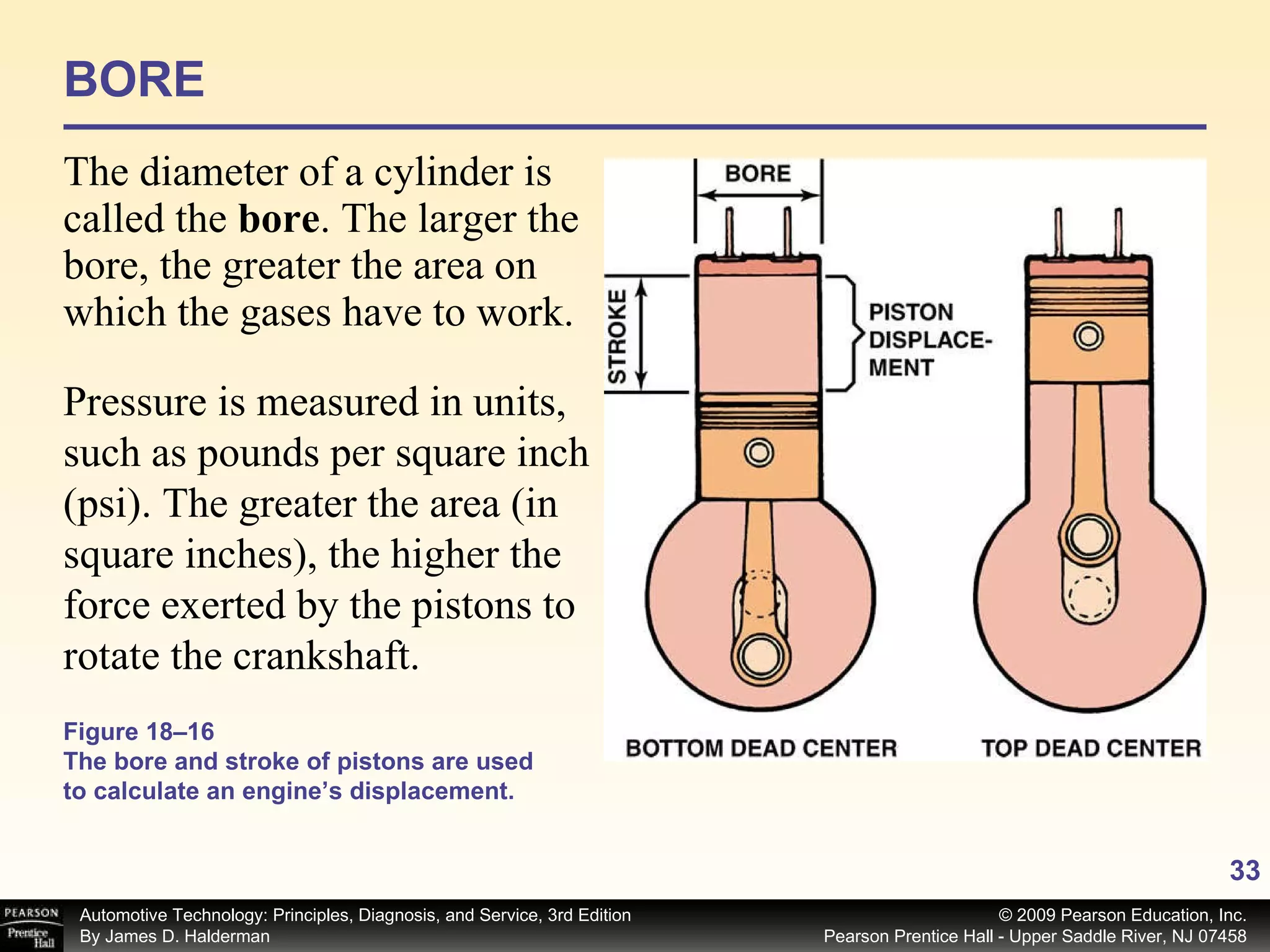 BORE The diameter of a cylinder is called the  bore . The larger the bore, the greater the area on which the gases have to work.  Figure 18–16 The bore and stroke of pistons are used to calculate an engine’s displacement. Pressure is measured in units, such as pounds per square inch (psi). The greater the area (in square inches), the higher the force exerted by the pistons to rotate the crankshaft. 