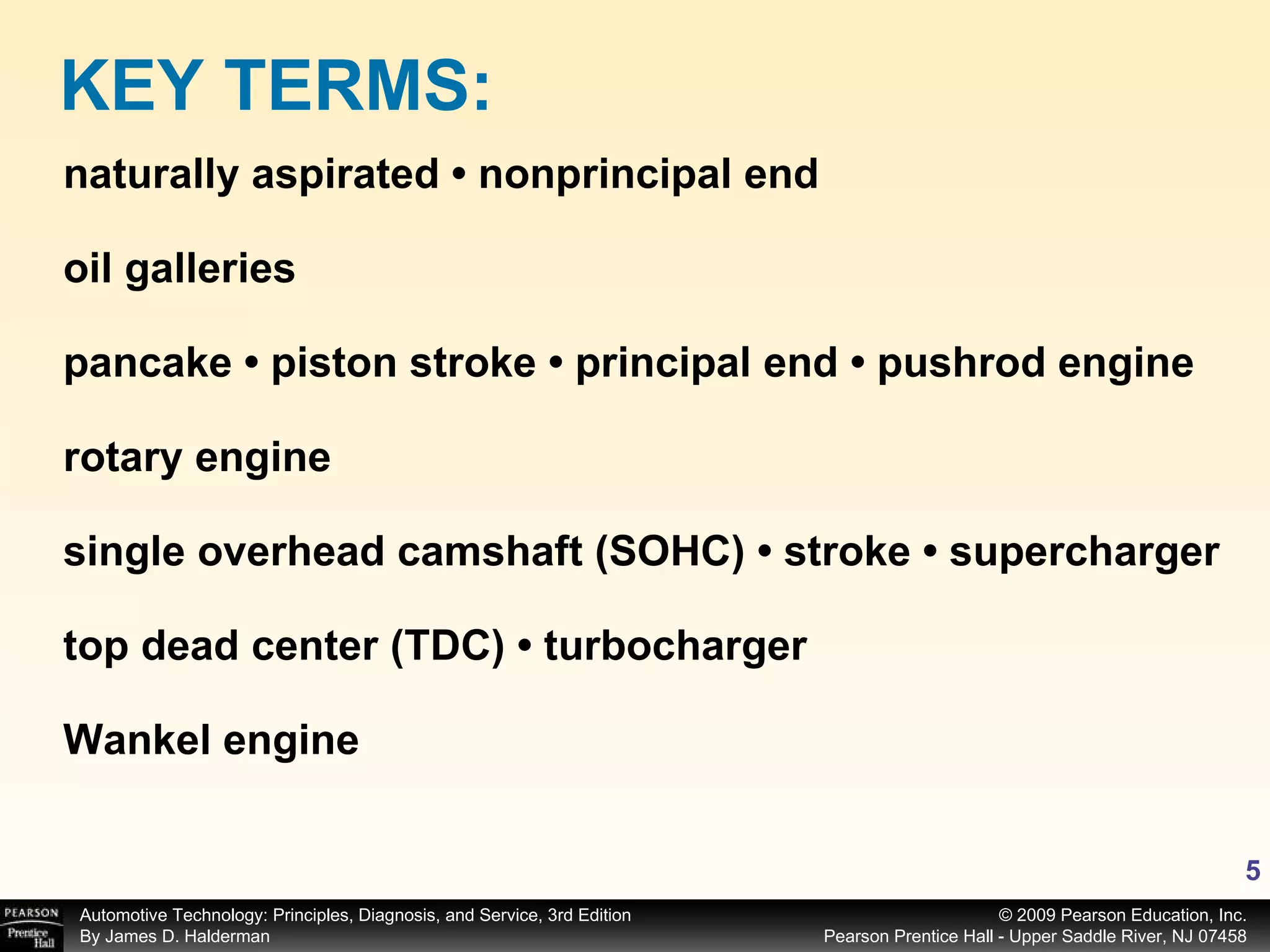 naturally aspirated • nonprincipal end oil galleries pancake • piston stroke • principal end • pushrod engine rotary engine single overhead camshaft (SOHC) • stroke • supercharger top dead center (TDC) • turbocharger Wankel engine KEY TERMS: 