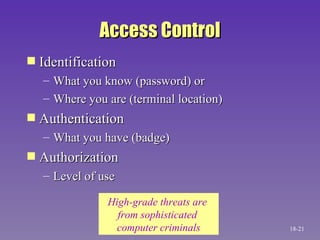 Access Control Identification  What you know (password) or  Where you are (terminal location) Authentication  What you have (badge) Authorization  Level of use High-grade threats are  from sophisticated  computer criminals 18- 