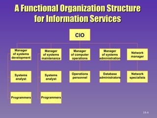 A Functional Organization Structure for Information Services Network manager Manager of computer operations Manager of systems maintenance Manager of systems administration CIO Manager of systems development Systems analyst Systems analyst Operations personnel Database administrators Network specialists Programmers Programmers 18- 