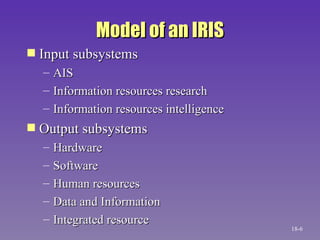 Model of an IRIS Input subsystems AIS Information resources research Information resources intelligence Output subsystems Hardware Software Human resources Data and Information Integrated resource 18- 