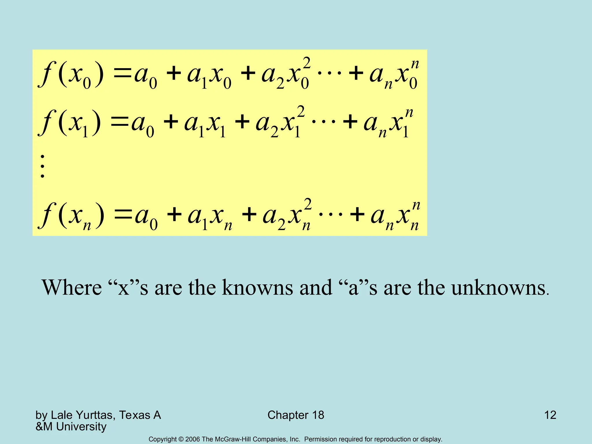 by Lale Yurttas, Texas A
&M University
Chapter 18 12
Copyright © 2006 The McGraw-Hill Companies, Inc. Permission required for reproduction or display.
n
n
n
n
n
n
n
n
n
n
x
a
x
a
x
a
a
x
f
x
a
x
a
x
a
a
x
f
x
a
x
a
x
a
a
x
f
















2
2
1
0
1
2
1
2
1
1
0
1
0
2
0
2
0
1
0
0
)
(
)
(
)
(
Where “x”s are the knowns and “a”s are the unknowns.
 