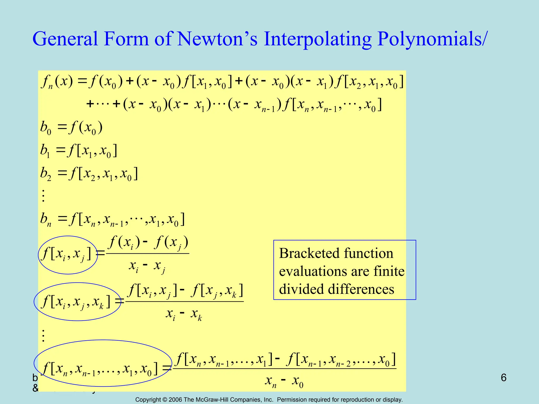 by Lale Yurttas, Texas A
&M University
Chapter 18 6
Copyright © 2006 The McGraw-Hill Companies, Inc. Permission required for reproduction or display.
General Form of Newton’s Interpolating Polynomials/
0
0
2
1
1
1
0
1
1
0
1
1
0
1
2
2
0
1
1
0
0
0
1
1
1
0
0
1
2
1
0
0
1
0
0
]
,
,
,
[
]
,
,
,
[
]
,
,
,
,
[
]
,
[
]
,
[
]
,
,
[
)
(
)
(
]
,
[
]
,
,
,
,
[
]
,
,
[
]
,
[
)
(
]
,
,
,
[
)
(
)
)(
(
]
,
,
[
)
)(
(
]
,
[
)
(
)
(
)
(
x
x
x
x
x
f
x
x
x
f
x
x
x
x
f
x
x
x
x
f
x
x
f
x
x
x
f
x
x
x
f
x
f
x
x
f
x
x
x
x
f
b
x
x
x
f
b
x
x
f
b
x
f
b
x
x
x
f
x
x
x
x
x
x
x
x
x
f
x
x
x
x
x
x
f
x
x
x
f
x
f
n
n
n
n
n
n
n
k
i
k
j
j
i
k
j
i
j
i
j
i
j
i
n
n
n
n
n
n
n








































Bracketed function
evaluations are finite
divided differences
 