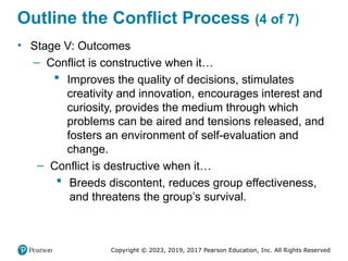 Copyright © 2023, 2019, 2017 Pearson Education, Inc. All Rights Reserved
Outline the Conflict Process (4 of 7)
• Stage V: Outcomes
– Conflict is constructive when it…
 Improves the quality of decisions, stimulates
creativity and innovation, encourages interest and
curiosity, provides the medium through which
problems can be aired and tensions released, and
fosters an environment of self-evaluation and
change.
– Conflict is destructive when it…
 Breeds discontent, reduces group effectiveness,
and threatens the group’s survival.
 