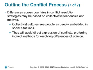 Copyright © 2023, 2019, 2017 Pearson Education, Inc. All Rights Reserved
Outline the Conflict Process (7 of 7)
• Differences across countries in conflict resolution
strategies may be based on collectivistic tendencies and
motives.
– Collectivist cultures see people as deeply embedded in
social situations.
– They will avoid direct expression of conflicts, preferring
indirect methods for resolving differences of opinion.
 