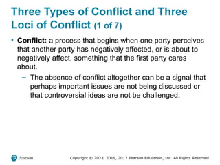 Copyright © 2023, 2019, 2017 Pearson Education, Inc. All Rights Reserved
Three Types of Conflict and Three
Loci of Conflict (1 of 7)
• Conflict: a process that begins when one party perceives
that another party has negatively affected, or is about to
negatively affect, something that the first party cares
about.
– The absence of conflict altogether can be a signal that
perhaps important issues are not being discussed or
that controversial ideas are not be challenged.
 
