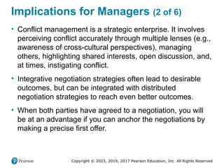 Copyright © 2023, 2019, 2017 Pearson Education, Inc. All Rights Reserved
Implications for Managers (2 of 6)
• Conflict management is a strategic enterprise. It involves
perceiving conflict accurately through multiple lenses (e.g.,
awareness of cross-cultural perspectives), managing
others, highlighting shared interests, open discussion, and,
at times, instigating conflict.
• Integrative negotiation strategies often lead to desirable
outcomes, but can be integrated with distributed
negotiation strategies to reach even better outcomes.
• When both parties have agreed to a negotiation, you will
be at an advantage if you can anchor the negotiations by
making a precise first offer.
 