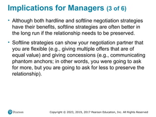 Copyright © 2023, 2019, 2017 Pearson Education, Inc. All Rights Reserved
Implications for Managers (3 of 6)
• Although both hardline and softline negotiation strategies
have their benefits, softline strategies are often better in
the long run if the relationship needs to be preserved.
• Softline strategies can show your negotiation partner that
you are flexible (e.g., giving multiple offers that are of
equal value) and giving concessions (e.g., communicating
phantom anchors; in other words, you were going to ask
for more, but you are going to ask for less to preserve the
relationship).
 