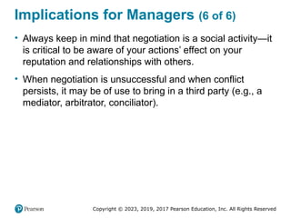 Copyright © 2023, 2019, 2017 Pearson Education, Inc. All Rights Reserved
Implications for Managers (6 of 6)
• Always keep in mind that negotiation is a social activity—it
is critical to be aware of your actions’ effect on your
reputation and relationships with others.
• When negotiation is unsuccessful and when conflict
persists, it may be of use to bring in a third party (e.g., a
mediator, arbitrator, conciliator).
 