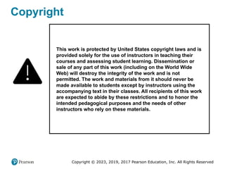 Copyright © 2023, 2019, 2017 Pearson Education, Inc. All Rights Reserved
Copyright
This work is protected by United States copyright laws and is
provided solely for the use of instructors in teaching their
courses and assessing student learning. Dissemination or
sale of any part of this work (including on the World Wide
Web) will destroy the integrity of the work and is not
permitted. The work and materials from it should never be
made available to students except by instructors using the
accompanying text in their classes. All recipients of this work
are expected to abide by these restrictions and to honor the
intended pedagogical purposes and the needs of other
instructors who rely on these materials.
 