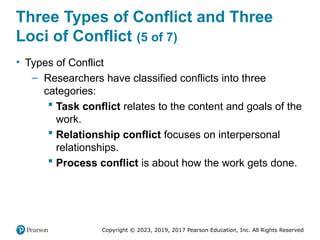 Copyright © 2023, 2019, 2017 Pearson Education, Inc. All Rights Reserved
Three Types of Conflict and Three
Loci of Conflict (5 of 7)
• Types of Conflict
– Researchers have classified conflicts into three
categories:
 Task conflict relates to the content and goals of the
work.
 Relationship conflict focuses on interpersonal
relationships.
 Process conflict is about how the work gets done.
 